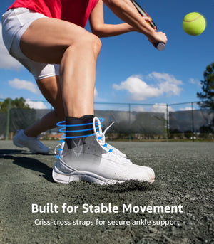 ankle brace worn on a tennis court providing stable movement and secure ankle support during play