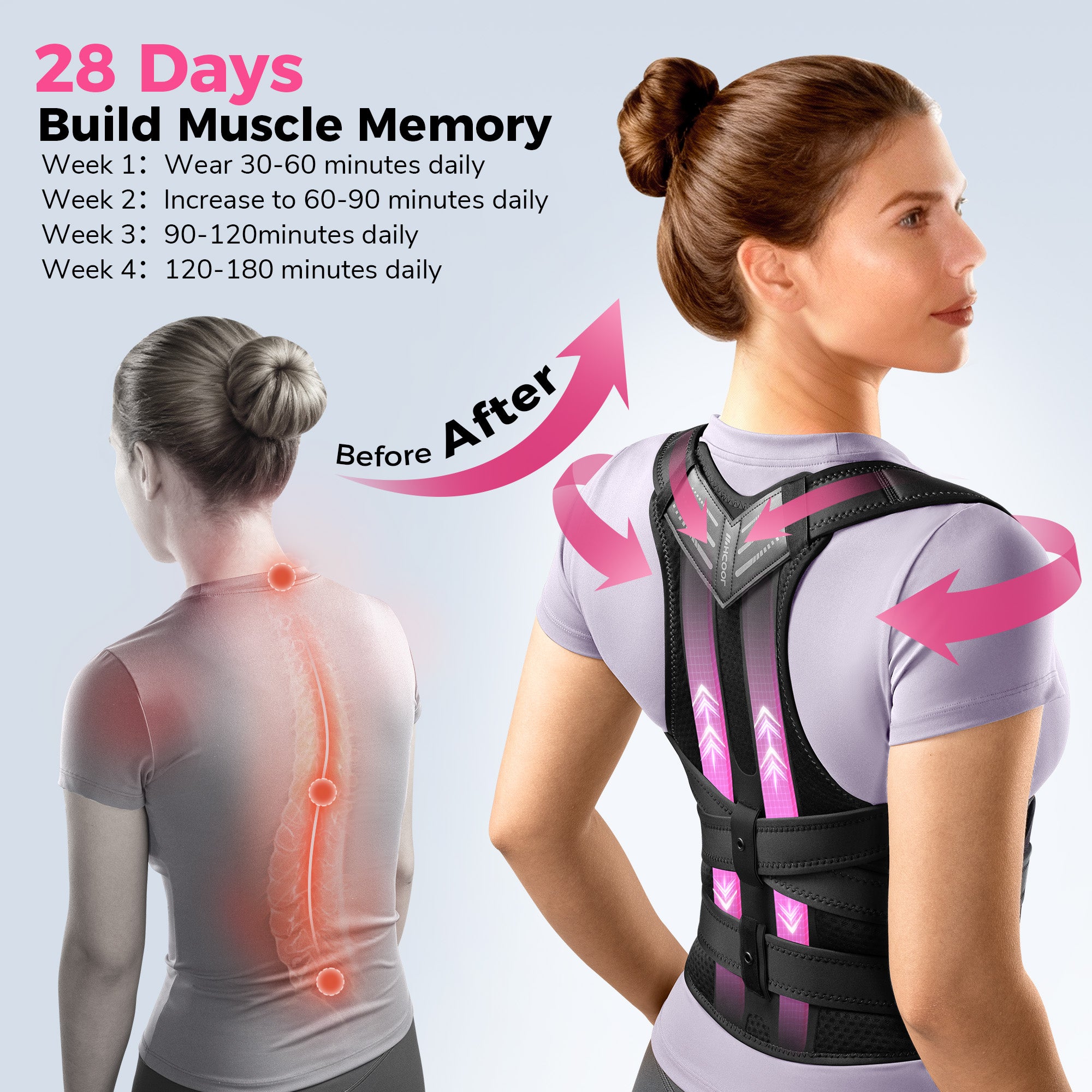 WHCOOL Posture Corrector for Men&Women - Back Brace for Upper and Lower Body Support - Adjustable Straightener with Pain Relief and Muscle Memory,Black