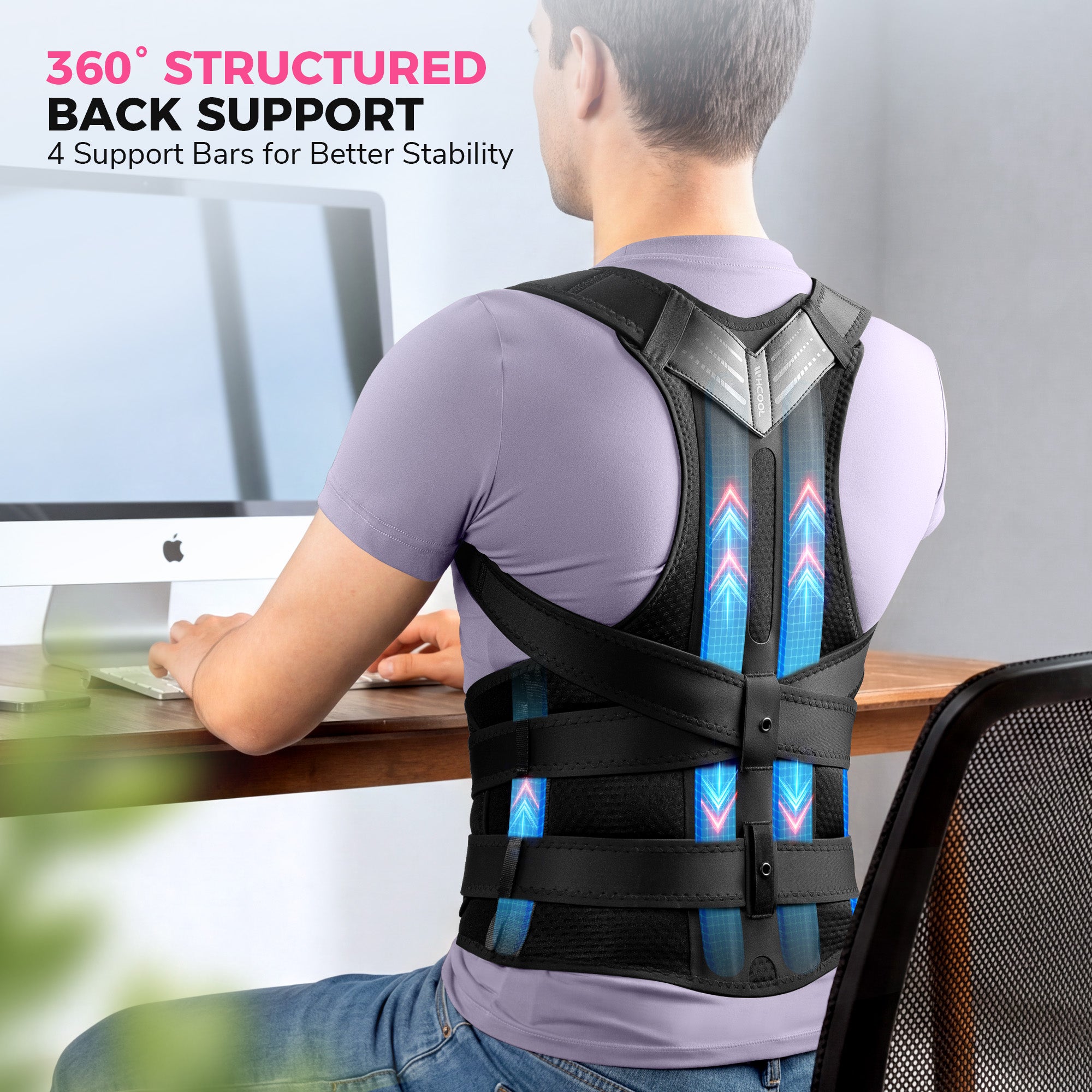 WHCOOL Posture Corrector for Men&Women - Back Brace for Upper and Lower Body Support - Adjustable Straightener with Pain Relief and Muscle Memory,Black