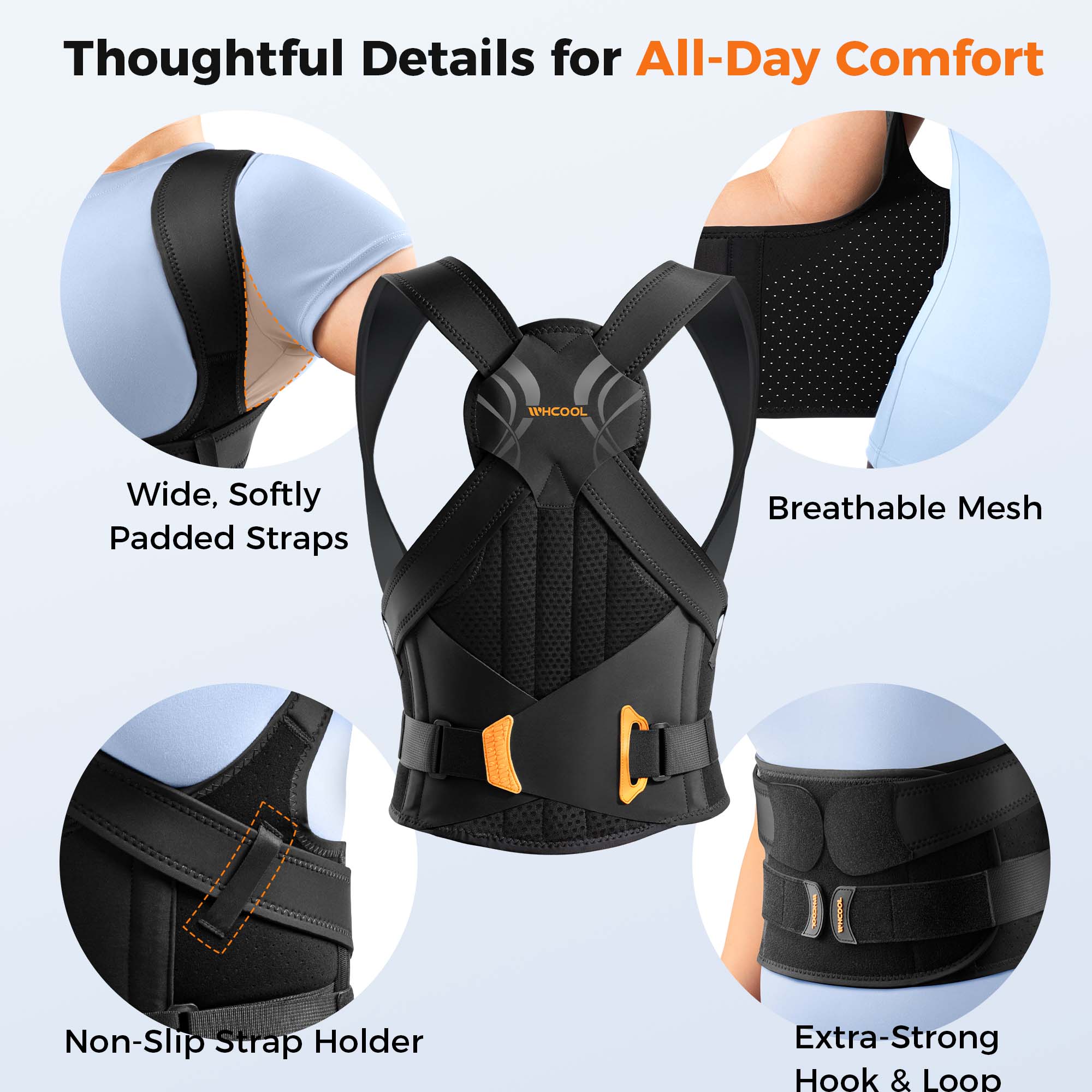 WHCOOL Posture Corrector for Women&Men, 6 Full Back Support Brace Rods,Improving Hunchback Posture, Upper and Lower Back, Neck Pain Relief,Black