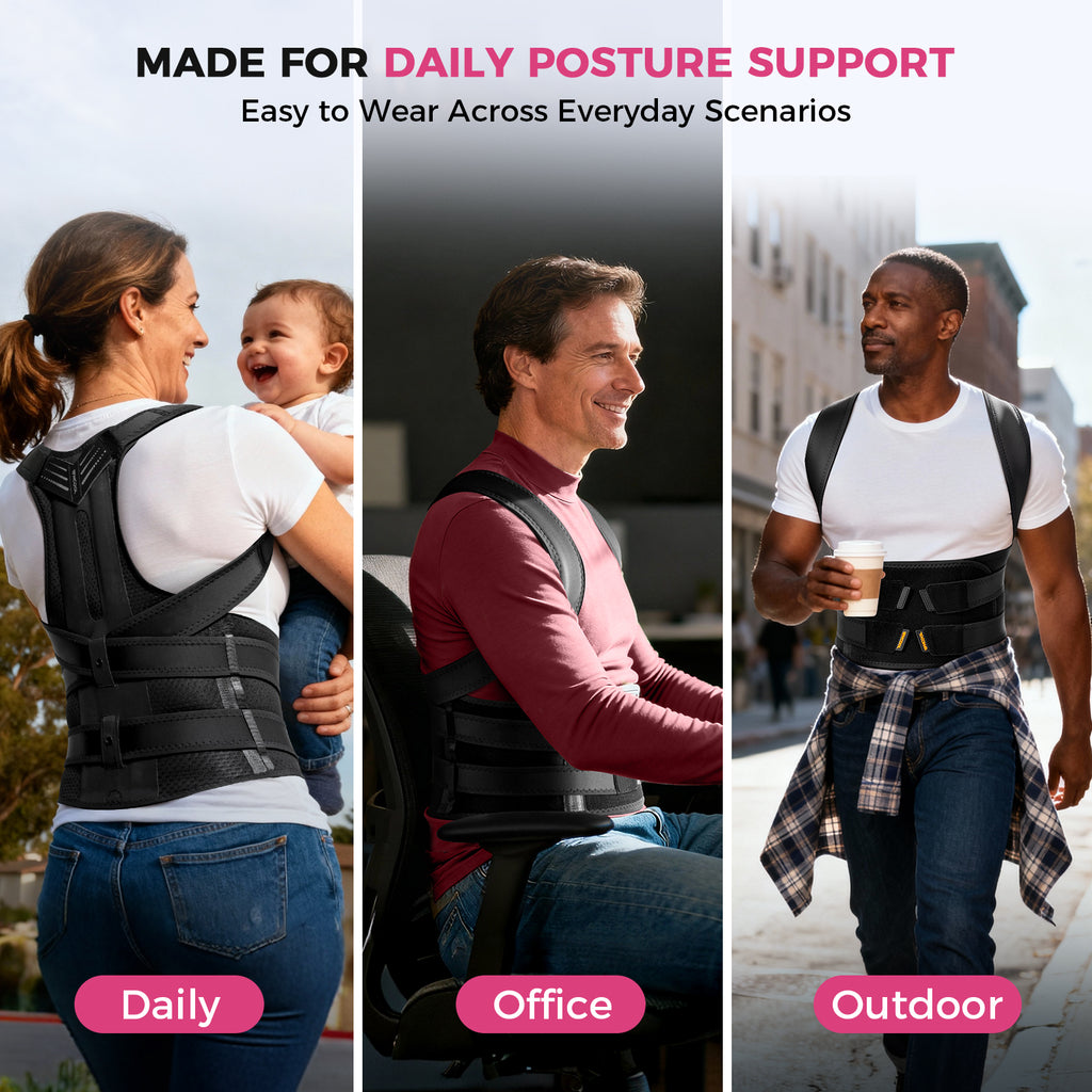 WHCOOL Posture Corrector for Men&Women - Back Brace for Upper and Lower Body Support - Adjustable Straightener with Pain Relief and Muscle Memory,Black