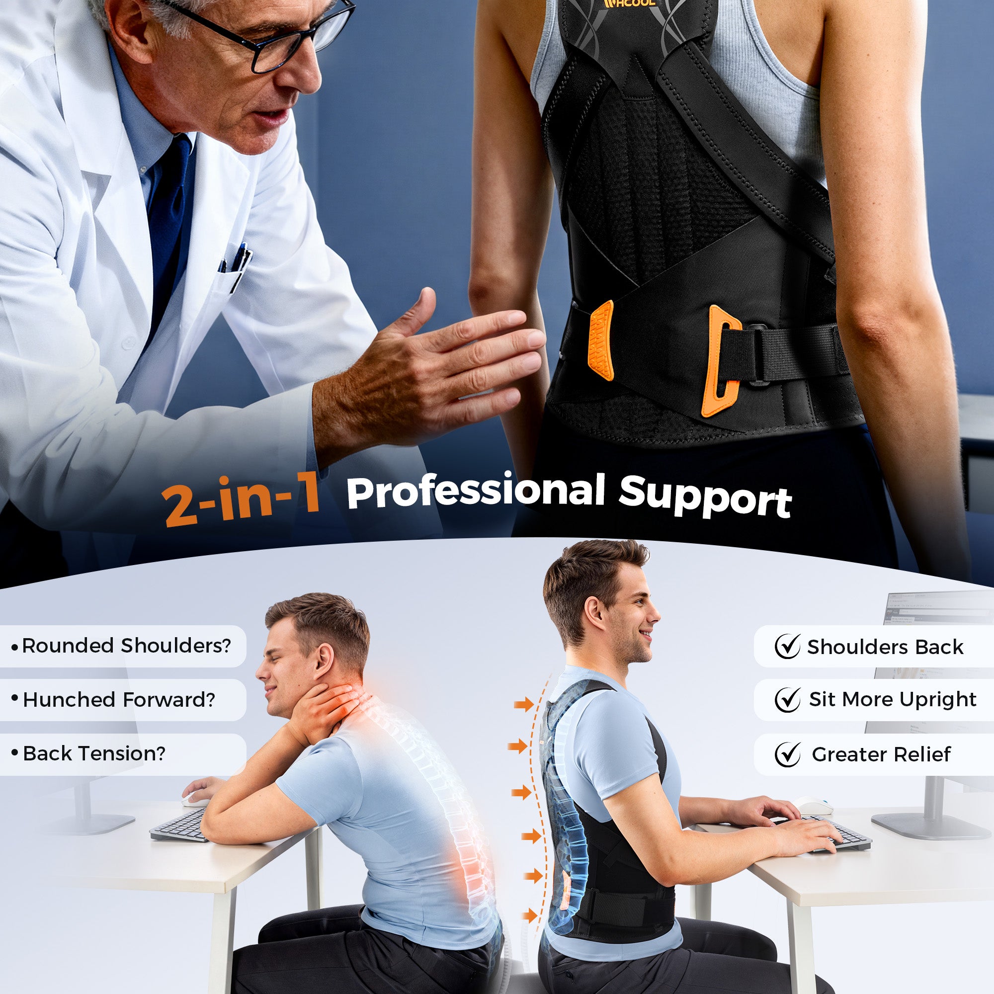 WHCOOL Posture Corrector for Women&Men, 6 Full Back Support Brace Rods,Improving Hunchback Posture, Upper and Lower Back, Neck Pain Relief,Black