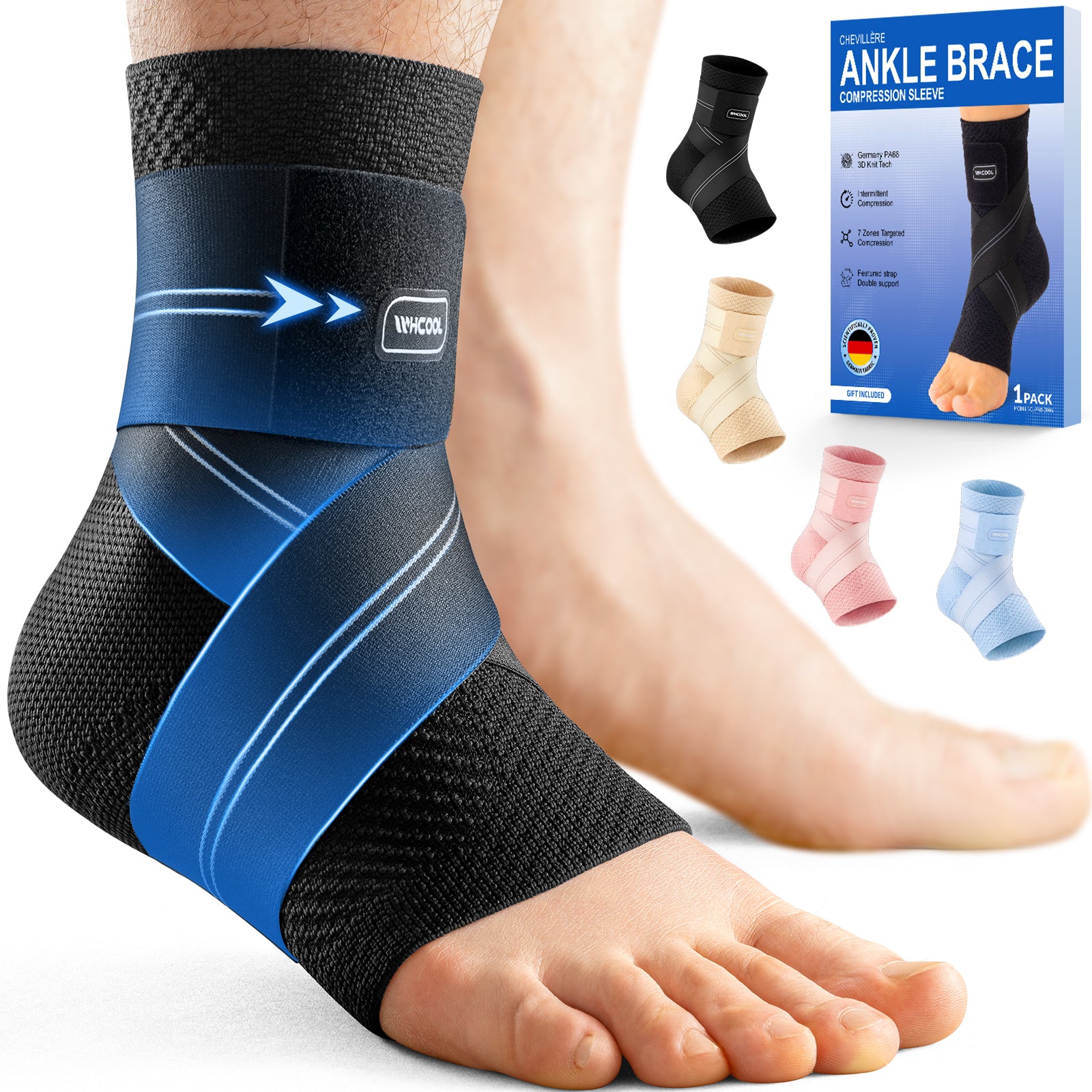 WHCOOL 7-Zone Compression Ankle Sleeve with Flex Strap | Breathable Flat-Knit Support for Active Wear