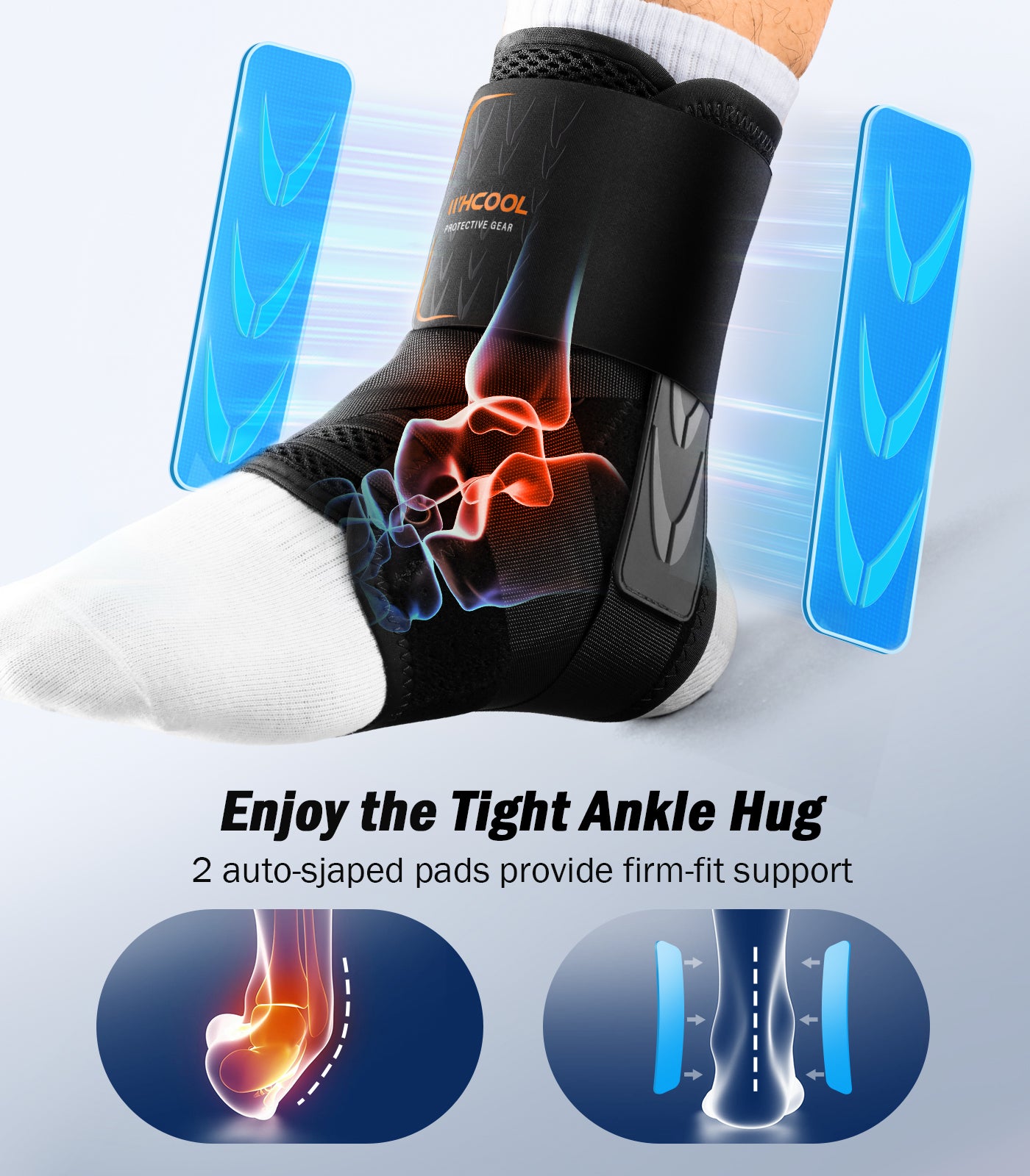 Slim-Fit Ankle Brace for Sprained Ankle, Velcro Lace Up Ankle Support for Women Men With 2 Auto-Shaped Pads, Air Fabric Cool Ankle Stabilizer for Injury Recover, Running,Sports