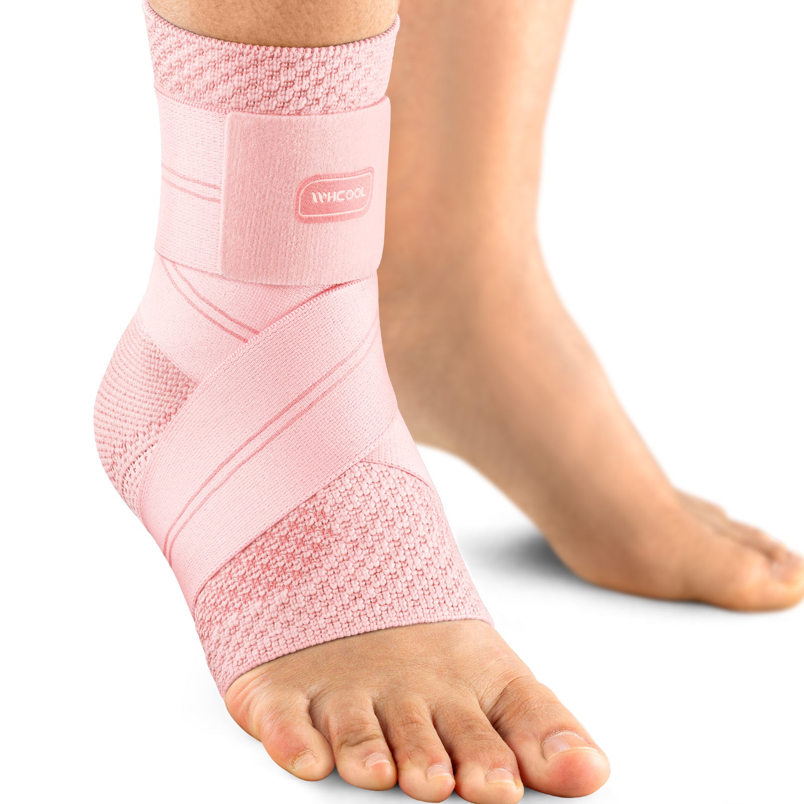 Pink WHCOOL adjustable ankle brace with elastic compression wrap, designed for everyday ankle stability, comfort, and lightweight support during daily activities and sports.
