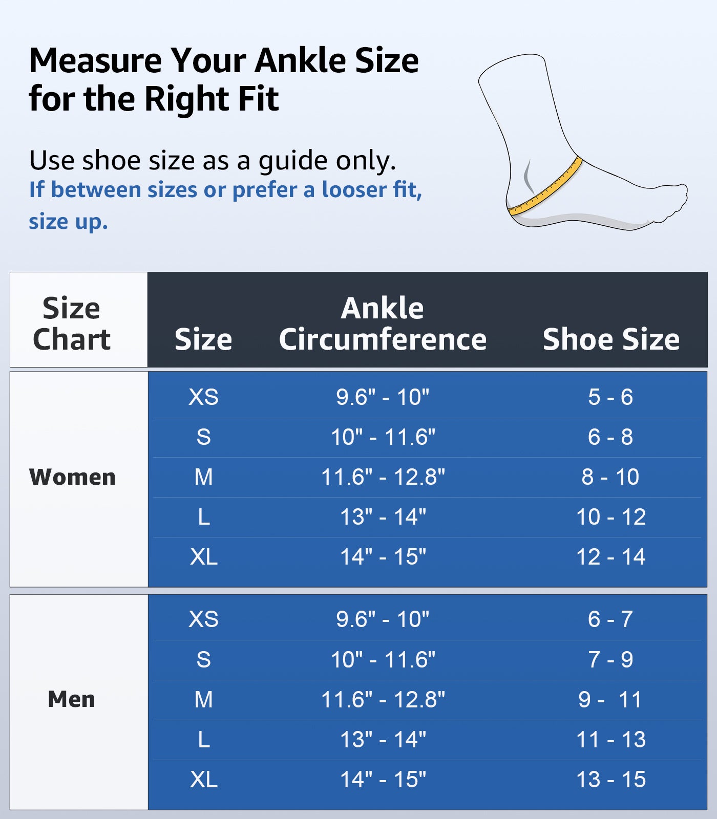 ankle brace size chart showing foot measurements and sizing guide to help choose the correct fit
