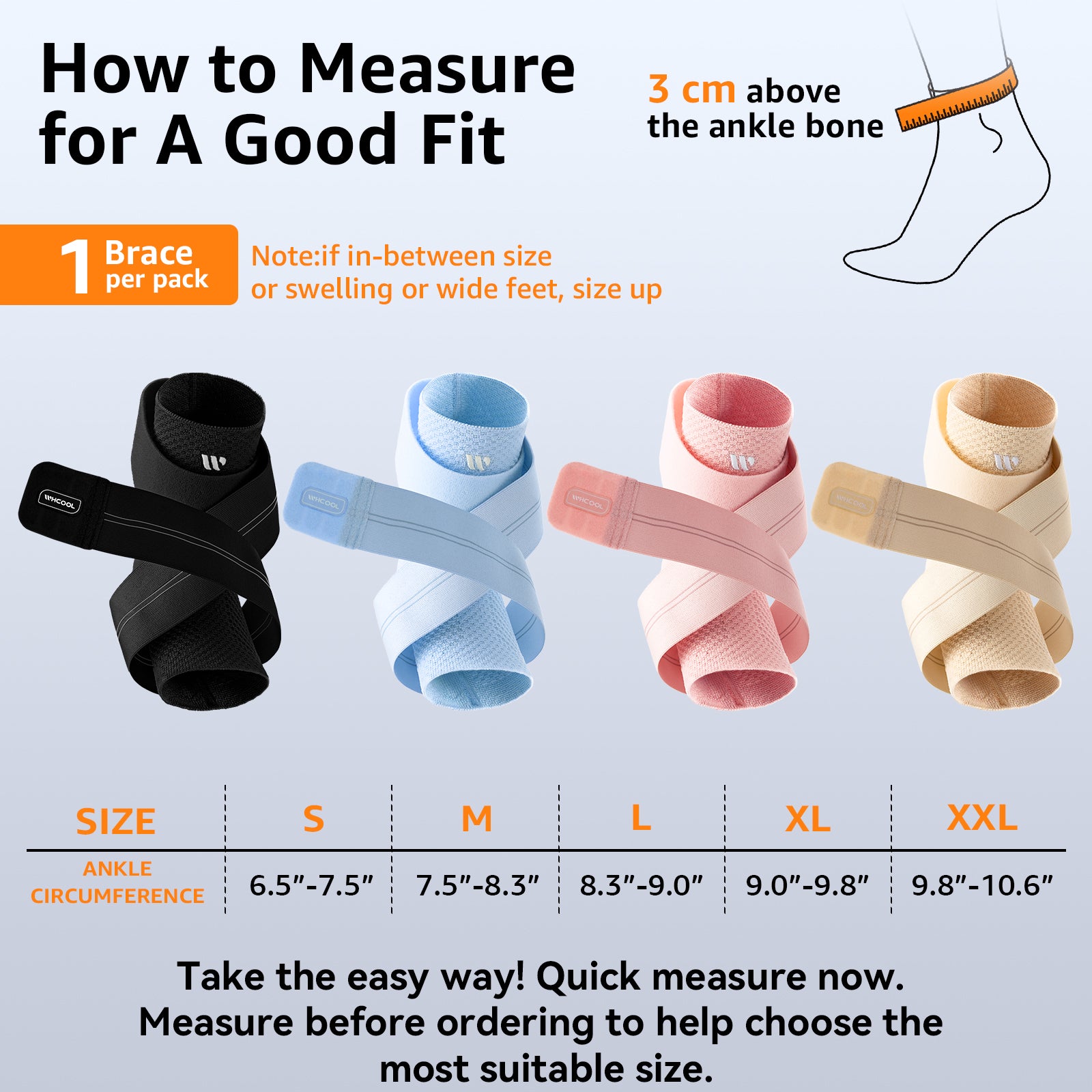 WHCOOL ankle brace size guide showing how to measure ankle circumference 3 cm above the ankle bone, with size chart from S to XXL for a proper and comfortable fit.

