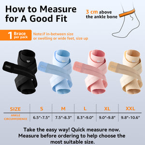 WHCOOL ankle brace size guide showing how to measure ankle circumference 3 cm above the ankle bone, with size chart from S to XXL for a proper and comfortable fit.

