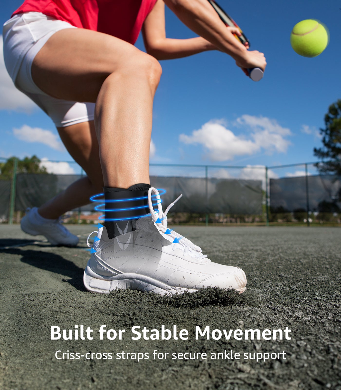 ankle brace worn on a tennis court providing stable movement and secure ankle support during play
